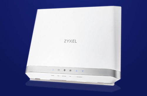 KCOM Zyxel white router against blue background.