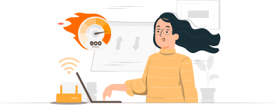 Illustration of woman using laptop, next to a router and speedometer showing ultrafast speeds of 500Mbps.