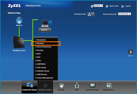 Navigating to Wireless settings in Zyxel router