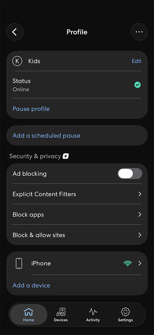 Screenshot of the eero app's Kids profile screen, showing options to pause internet access and schedule breaks