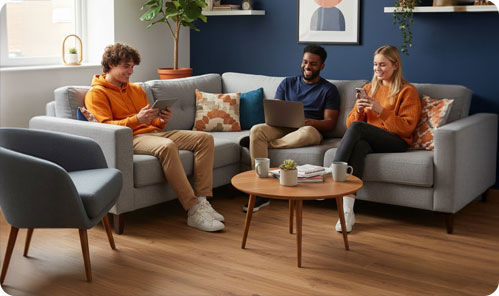 Students in a shared house living room