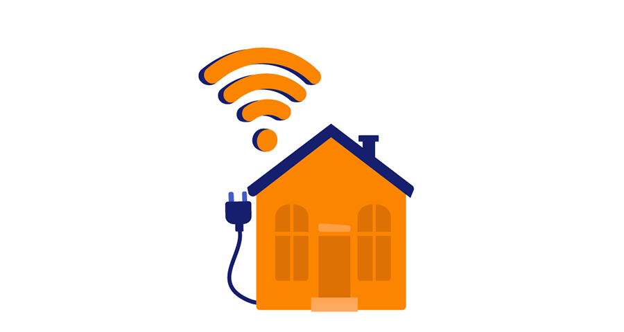 Illustration of house with cable extending out of it and wi-fi symbol floating above.