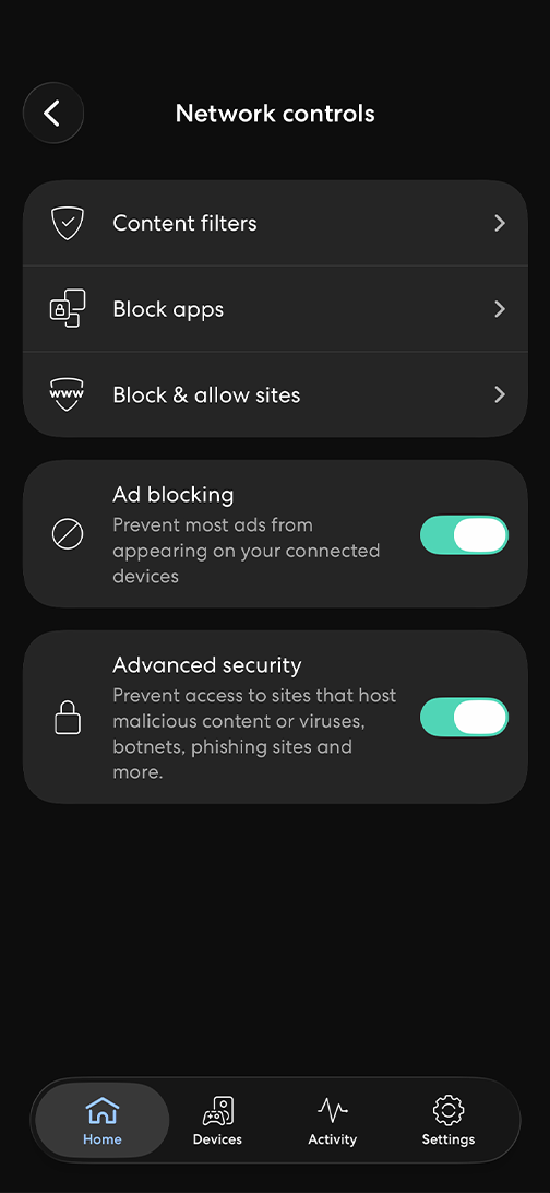 Screenshot of the eero app's Network controls screen, with Advanced security and Ad blocking switched on
