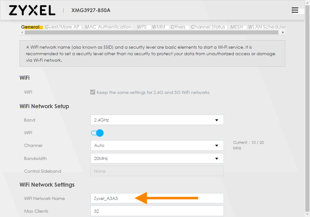 How do I change the wireless name and password on my LightHub Zyxel XMG