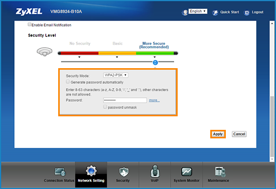 Setting security options and password in Zyxel router