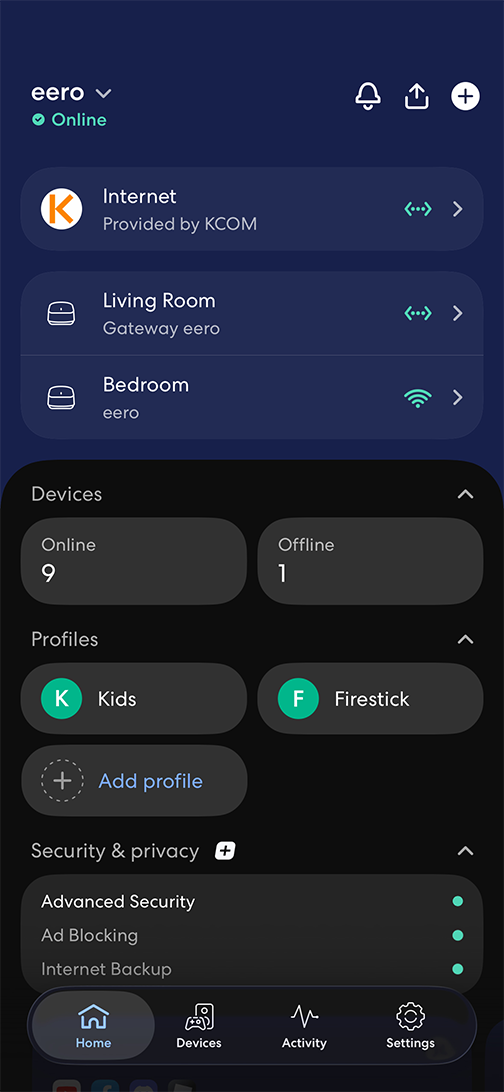 Screenshot of the eero app's home screen, showing connected eero devices, device counts, profiles and security status all in one place