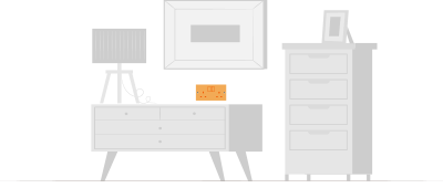 Illustration of room with desk, lamp, chest of drawers and plug socket highlighted in orange.