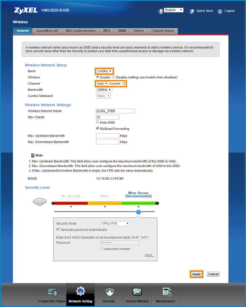 How do I change the wireless channel on a Zyxel VMG 3925 router?