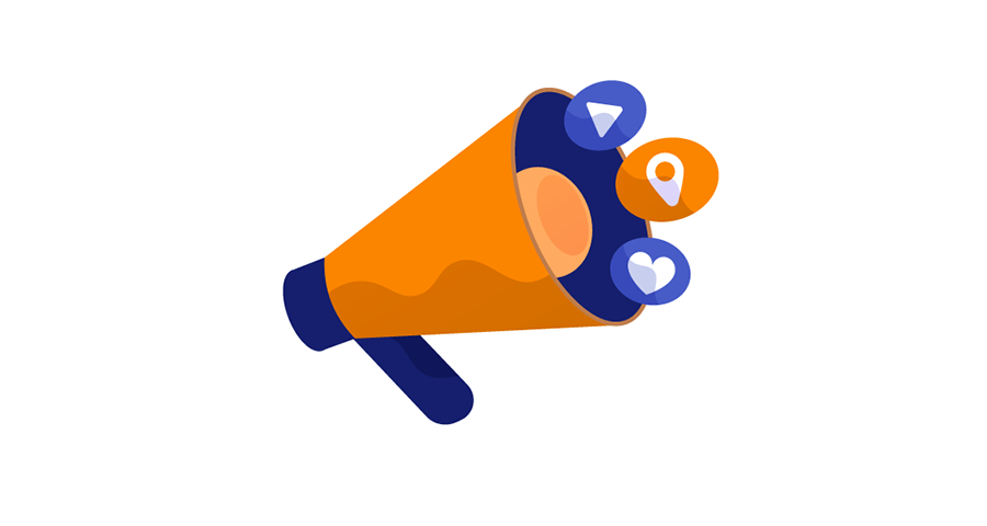 Illustration of megaphone with a location icon, love heart icon and playback icon coming out of it.