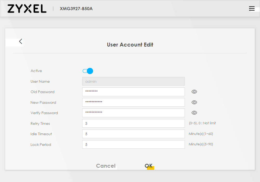 How do I change the router admin login details on my LightHub Zyxel XMG