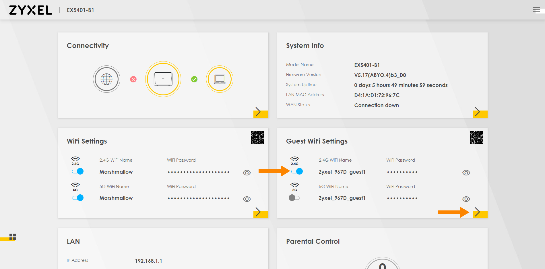 How do I setup and connect to the Guest WiFi on my LightHub 2.0 Zyxel
