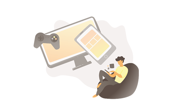 Illustration of man sitting on beanbag and using phone, with other devices floating nearby (games controller, PC and tablet).