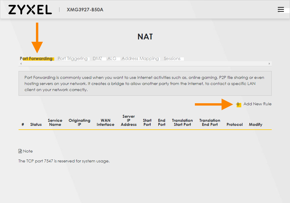How do I setup port forwarding on my LightHub Zyxel XMG 3927 router