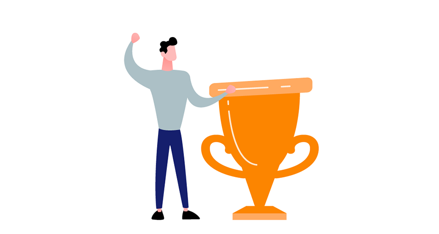 Illustration of man standing next to trophy while punching the air.