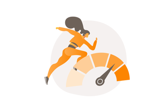 Illustration of woman running in background and speedometer showing high speeds in foreground.