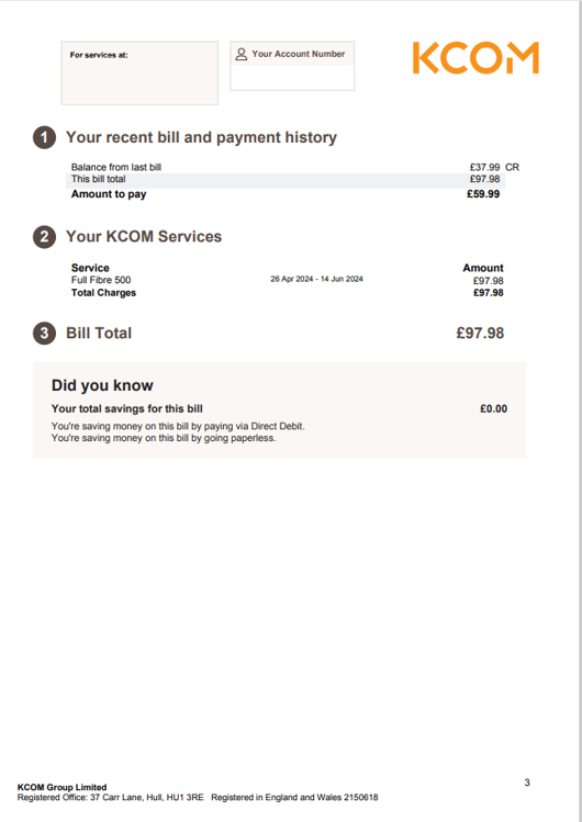 Image of a KCOM bill (page 1)<!---->