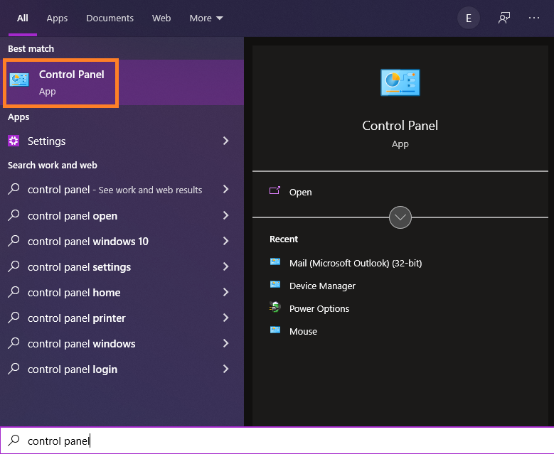 Search for Control Panel