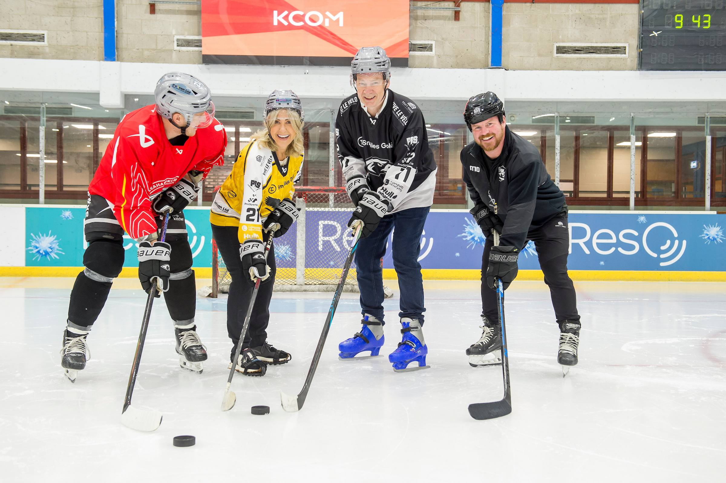 KCOM's Neil Bartholomew and Jan Collins visit Hull Ice Arena to mark their sponsorship with ice hockey team Hull Seahawks. They are pictured with captain Bobby Chamberlain (left) and Matty Davies (right), co-owner and head coach.