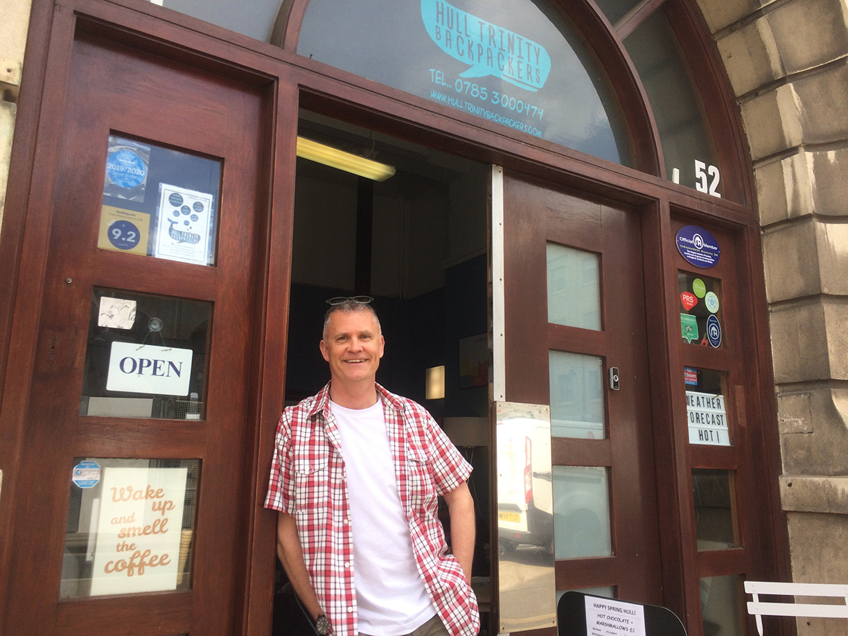 Glenn outside Hull Trinity Backpackers hostel