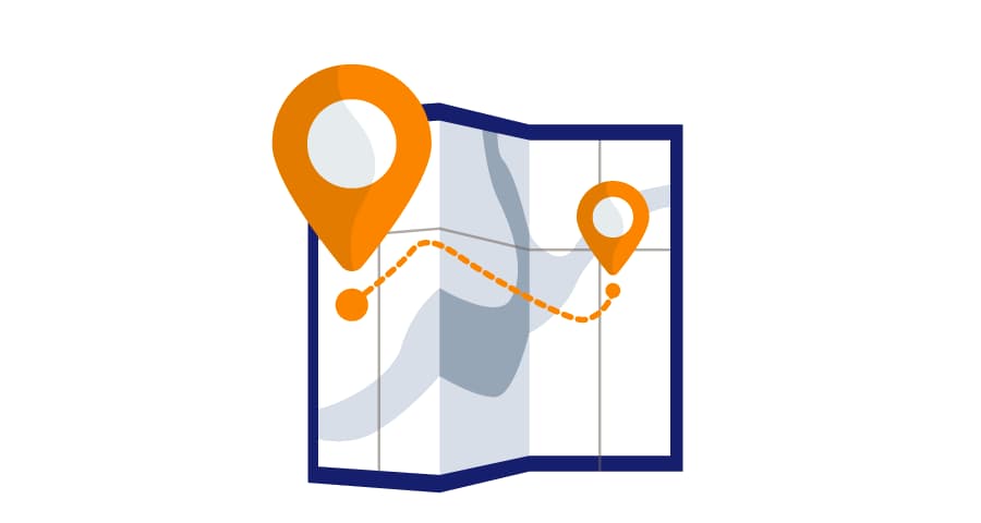 Illustration of map with an orange location symbol and yellow location symbol connected by a line.