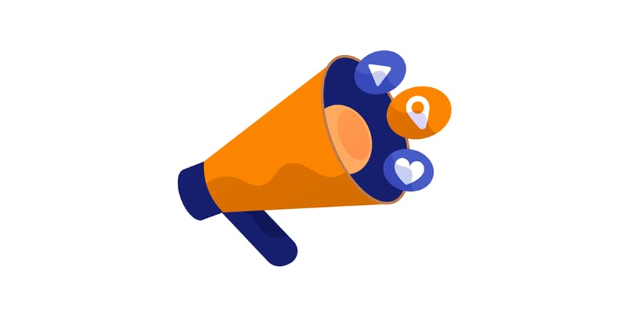 Illustration of megaphone with a location icon, love heart icon and playback icon coming out of it.