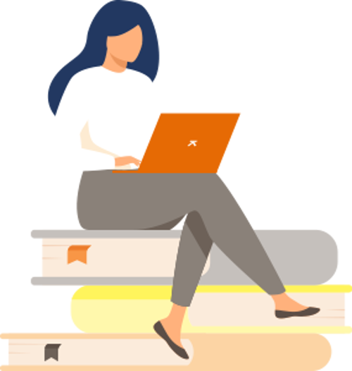 Illustration of woman sitting on pile of books whilst typing on laptop.