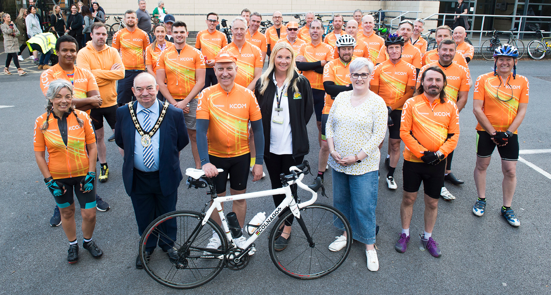 KCOM cyclists meet Mayor Peter Clark and charity fundraisers Selina Doyle and Kate Roberts
