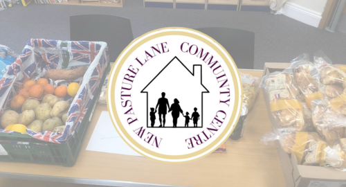 Community Centre's Logo with food donations in background