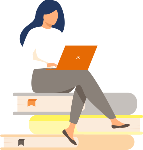 Illustration of woman sitting on pile of books whilst typing on laptop.