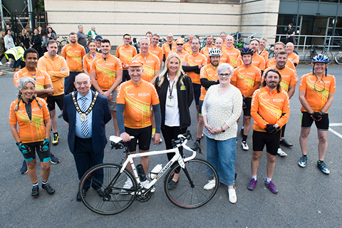 KCOM cyclists meet Mayor Peter Clark and charity fundraisers Selina Doyle and Kate Roberts
