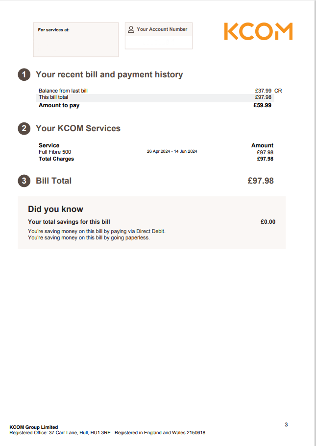 Image of a KCOM bill showing the charges section (page 2)