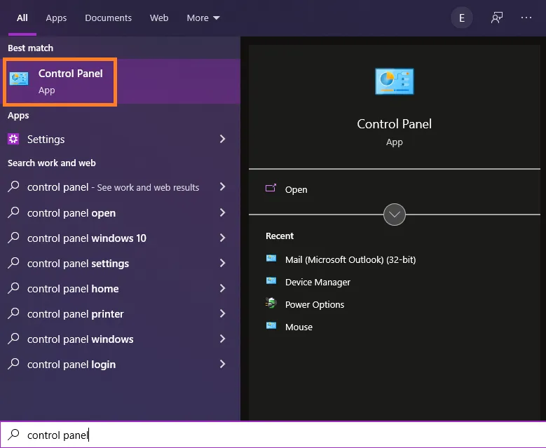 Search for Control Panel